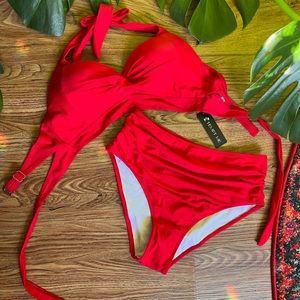 Red Halter Top Bikini with Ruched Bottoms